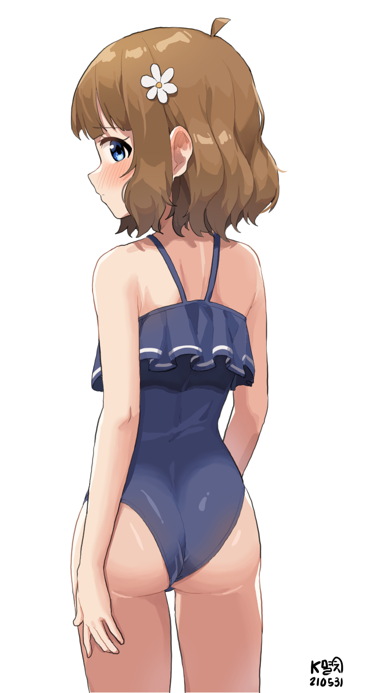 1girl ahoge ass bangs bare_arms bare_shoulders blue_eyes blush brown_hair closed_mouth commentary dated eyebrows_visible_through_hair flower frilled_swimsuit frills from_behind hair_flower hair_ornament highres idolmaster idolmaster_million_live! idolmaster_million_live!_theater_days looking_at_viewer looking_back myeolchi nose_blush one-piece_swimsuit signature simple_background solo suou_momoko swimsuit white_background white_flower