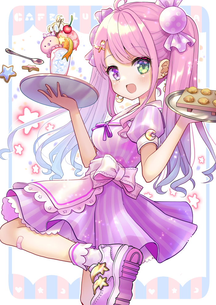 1girl :d ahoge alternate_costume alternate_hairstyle apron blush candy_hair_ornament chocomarybadend crescent crescent_earrings dress earrings food-themed_hair_ornament green_eyes hair_ornament heterochromia himemori_luna holding holding_tray hololive jewelry knee_up long_hair looking_at_viewer open_mouth parfait pink_dress shoes smile sneakers solo standing standing_on_one_leg striped tray twintails vertical-striped_dress vertical_stripes violet_eyes virtual_youtuber waist_apron waitress wavy_hair