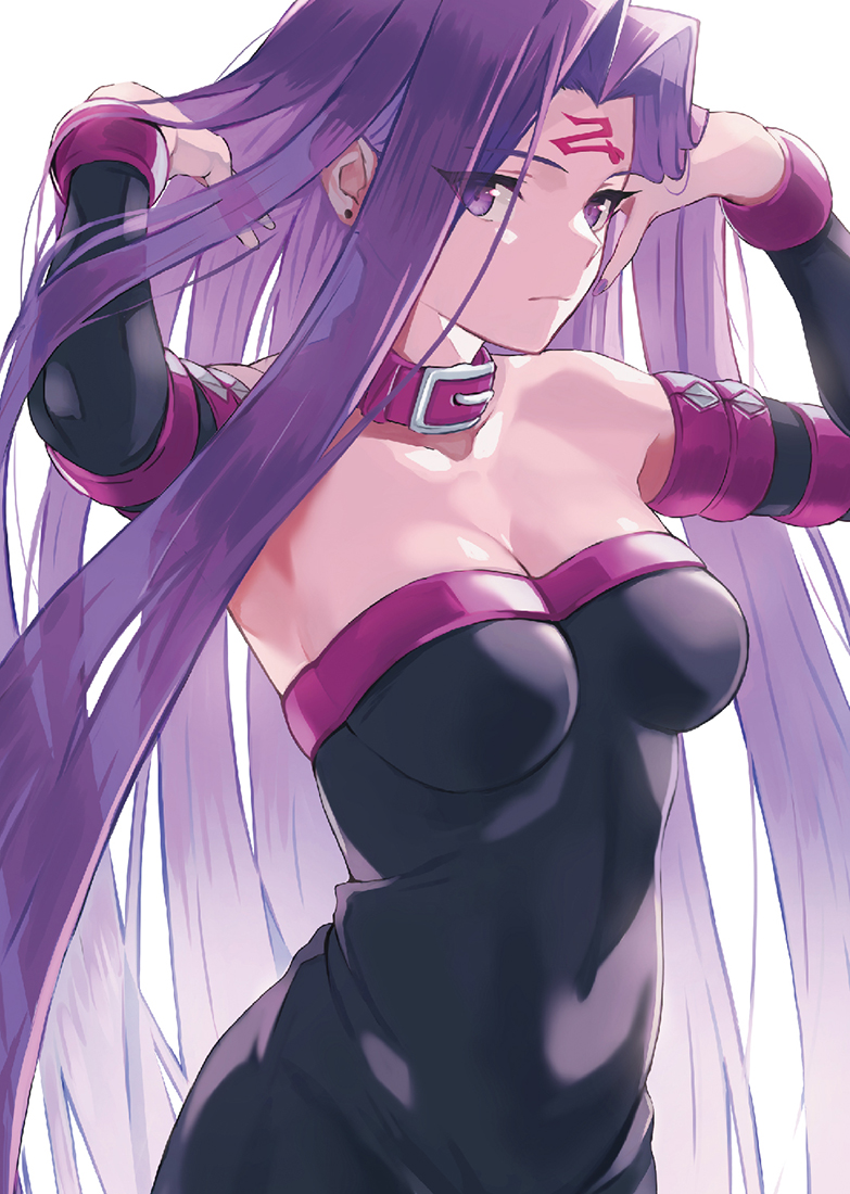 1girl bare_shoulders belt_collar black_dress breasts closed_mouth collar covered_navel cowboy_shot detached_sleeves doushimasho dress earrings facial_mark fate/stay_night fate_(series) forehead_mark hands_up jewelry long_hair long_sleeves looking_at_viewer medium_breasts medusa_(fate) medusa_(rider)_(fate) purple_hair simple_background solo strapless strapless_dress stud_earrings very_long_hair violet_eyes white_background