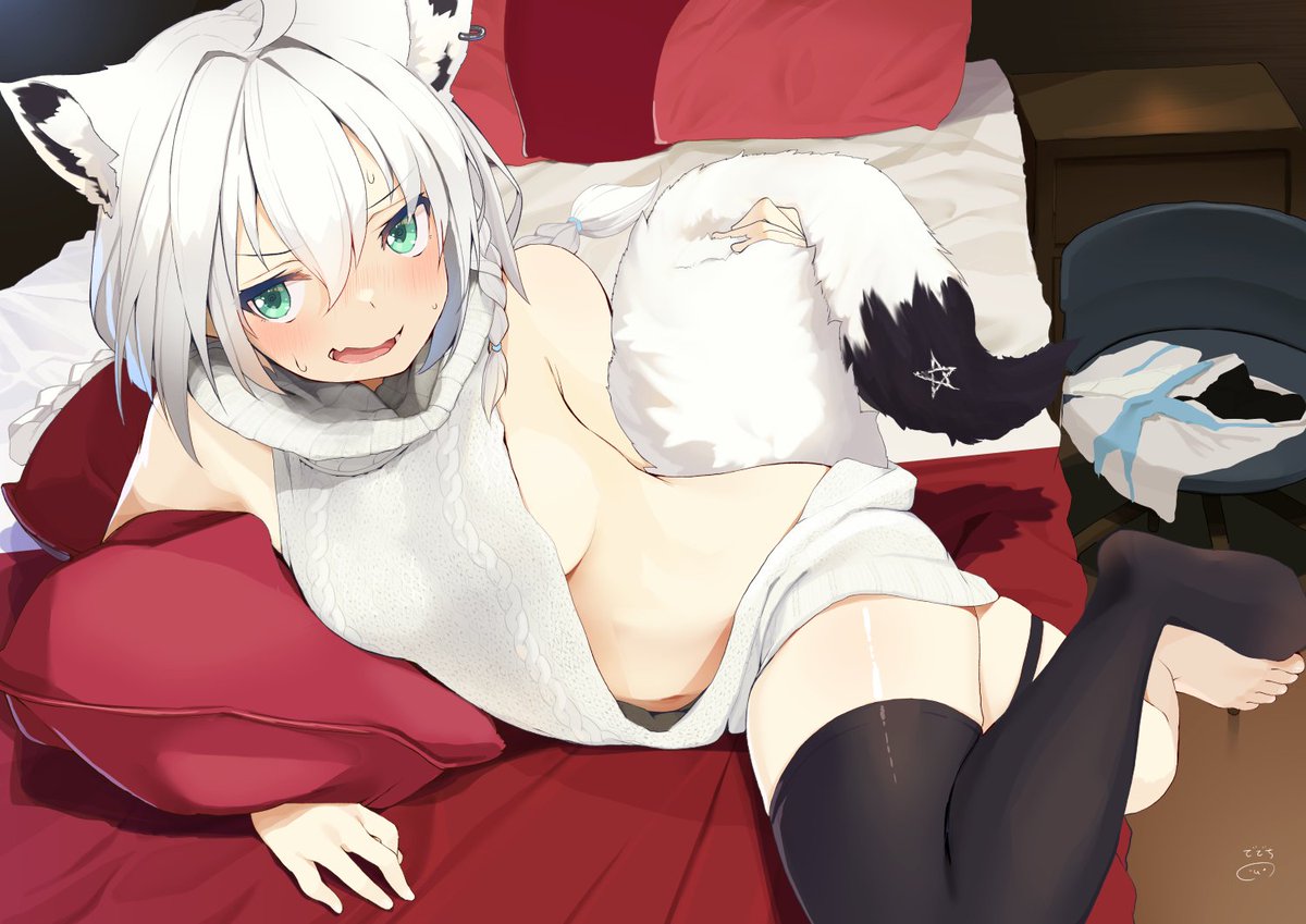1girl ahoge alternate_costume alternate_hair_length alternate_hairstyle animal_ears aqua_eyes aran_sweater backless_outfit barefoot bed black_legwear blush braid breasts chair clothes_removed commentary ear_piercing embarrassed fang fox_ears fox_girl fox_tail full_body grey_sweater hair_between_eyes holding_tail hololive looking_away looking_to_the_side lying medium_breasts meme_attire midriff nejime no_bra on_bed on_side open_mouth pentagram piercing pillow shirakami_fubuki short_hair side_braid sideboob signature silver_hair single_braid single_thighhigh skin_fang solo sweatdrop sweater tail thigh-highs thigh_strap thighs turtleneck turtleneck_sweater virgin_killer_sweater virtual_youtuber