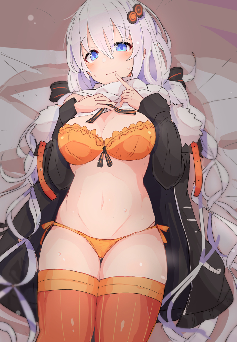 1girl black_coat blue_eyes bra braid breasts coat commentary cowboy_shot finger_to_mouth frilled_bra frills fur-trimmed_coat fur_trim hair_ornament half-closed_eyes kizuna_akari kujira_hebi lingerie long_hair looking_at_viewer lying medium_breasts on_back orange_bra orange_legwear skindentation smile solo thigh-highs thong twin_braids underwear very_long_hair voiceroid white_hair