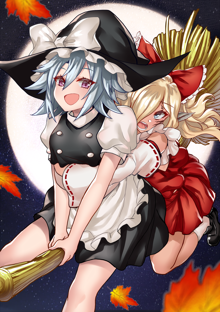 2girls alternate_costume blonde_hair broom broom_riding celica_(xenoblade_x) grey_eyes hair_over_one_eye halloween halloween_costume hat hug kaorihero long_hair looking_at_viewer medium_hair multiple_girls open_mouth original silver_hair smile violet_eyes witch witch_hat xenoblade_chronicles_(series) xenoblade_chronicles_x