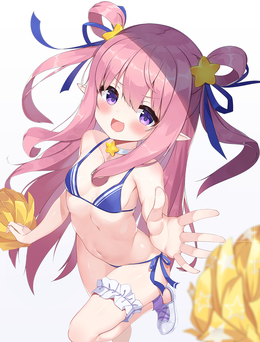 1girl 2drr :d bangs bare_arms bare_shoulders bikini blue_bikini blue_ribbon blurry blurry_foreground breasts choker collarbone commentary_request depth_of_field eyebrows_visible_through_hair hair_between_eyes hair_ornament hair_ribbon hair_rings hatsune_(princess_connect!) leg_garter looking_at_viewer open_mouth pink_hair pom_poms princess_connect! ribbon shoes side-tie_bikini simple_background small_breasts smile solo standing standing_on_one_leg star_(symbol) star_choker star_hair_ornament swimsuit two_side_up violet_eyes white_background white_choker white_footwear