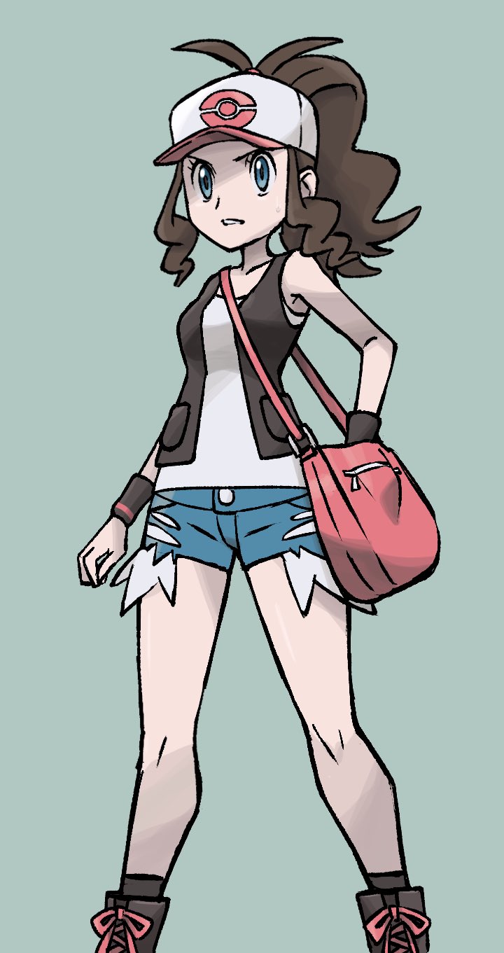 1girl antenna_hair bag baseball_cap blue_eyes boots brown_hair brown_vest commentary_request hat high_ponytail highres hilda_(pokemon) knees long_hair open_clothes open_vest parted_lips pink_bag pokemon pokemon_(game) pokemon_bw sawa_(soranosawa) shirt short_shorts shorts shoulder_bag sidelocks sleeveless sleeveless_shirt socks solo vest white_shirt wristband