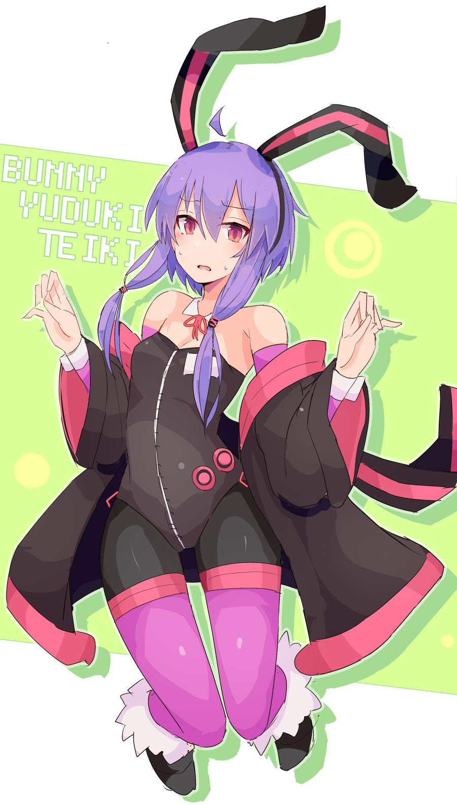 1girl animal_ears bare_shoulders black_jacket black_leotard breasts commentary detached_collar feet_up full_body fur-trimmed_footwear furrowed_brow hair_tie hairband hands_up highres jacket kujira_hebi leotard looking_at_viewer nervous open_clothes open_jacket purple_hair purple_legwear rabbit_ears red_eyes romaji_text sidelocks small_breasts solo sweat thigh-highs vocaloid voiceroid yuzuki_yukari