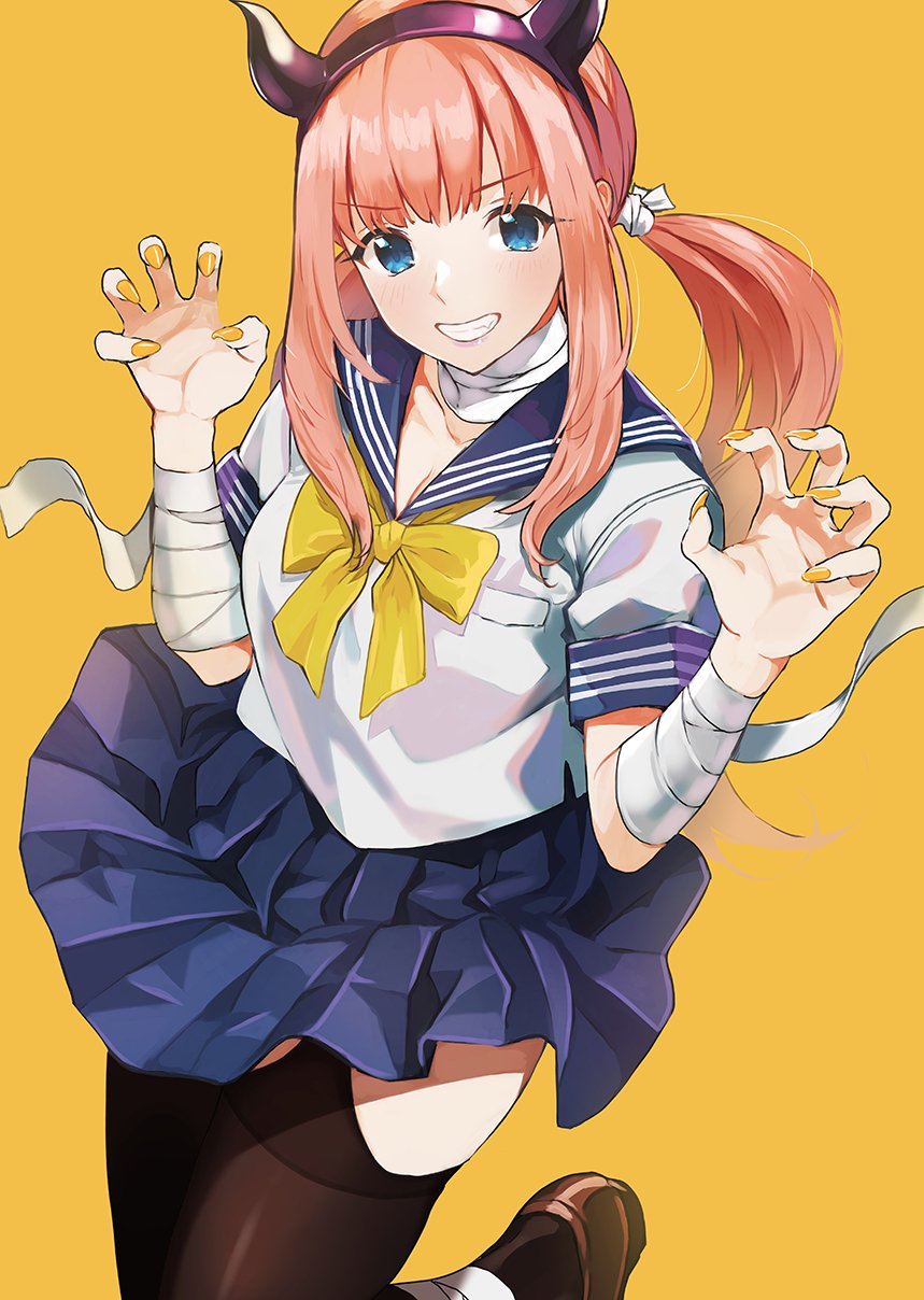 1girl bandaged_arm bandages bangs blue_eyes blunt_bangs bow bowtie brown_footwear brown_legwear claw_pose doushimasho eyebrows_visible_through_hair fang fingernails grin hairband hands_up highres horns long_hair looking_at_viewer nail_polish orange_hair original purple_sailor_collar sailor_collar school_uniform serafuku shirt shoes sidelocks simple_background smile solo thigh-highs twintails white_shirt yellow_background yellow_bow yellow_nails yellow_neckwear