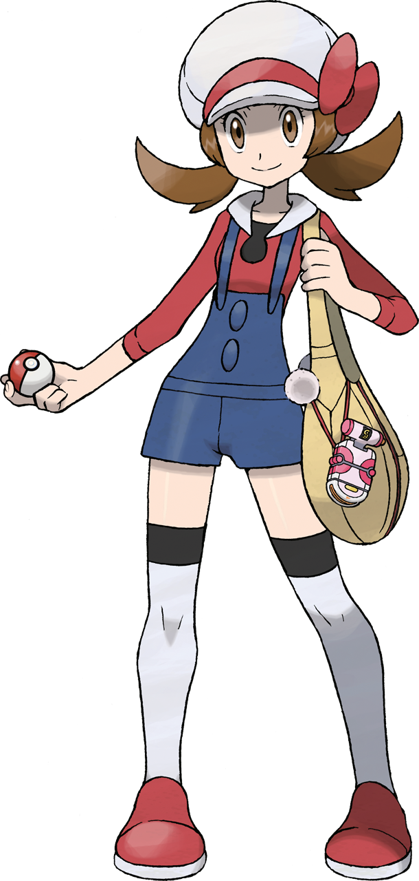 1girl bag blue_overalls bow brown_eyes brown_hair cabbie_hat closed_mouth eyelashes full_body hand_up hat hat_ribbon highres holding holding_poke_ball holding_strap knees long_hair lyra_(pokemon) official_art overalls pigeon-toed poke_ball poke_ball_(basic) pokegear pokemon pokemon_(game) pokemon_hgss red_bow red_footwear red_ribbon red_shirt ribbon shirt shoes smile solo standing sugimori_ken thigh-highs transparent_background twintails white_headwear white_legwear yellow_bag
