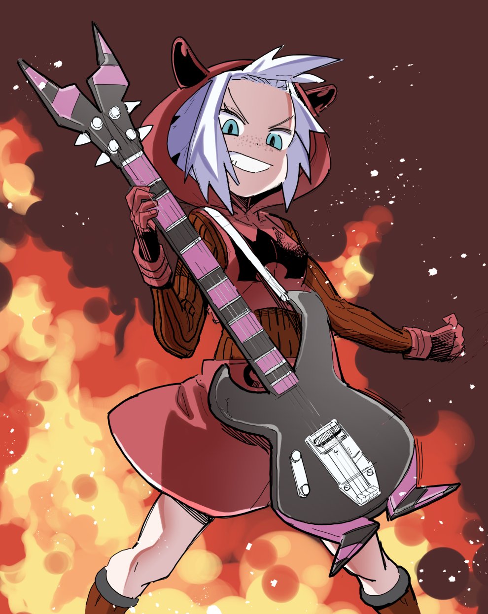 1girl alternate_costume bass_guitar cosplay dekosukentr dress fire freckles gym_leader highres hood horns instrument looking_at_viewer pokemon pokemon_(game) pokemon_bw2 pokemon_rse red_dress roxie_(pokemon) smile solo standing team_magma_grunt team_magma_grunt_(cosplay) white_hair