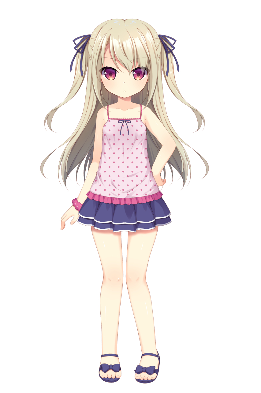 1girl :&lt; aoi_aruma blue_footwear blue_skirt bracelet brown_hair camisole child collarbone feet full_body hair_ribbon hand_on_hip highres jewelry long_hair looking_at_viewer miniskirt no_legwear original pink_camisole polka_dot_camisole red_eyes ribbon sandals simple_background skirt solo standing toes two_side_up white_background