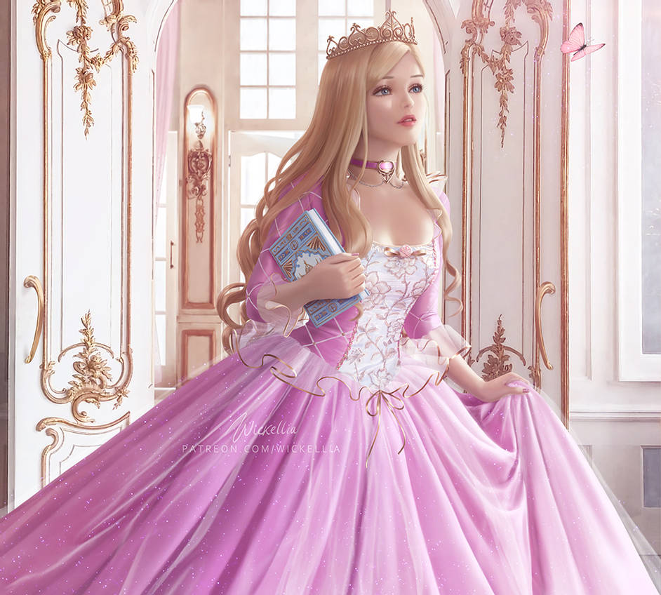 1girl anneliese_(barbie) barbie_(character) barbie_(franchise) barbie_as_the_princess_and_the_pauper barbie_movies blonde_hair blue_eyes book breasts bug butterfly castle choker corset cowboy_shot crown curly_hair door door_handle dress filigree flower formal frilled_dress frills gold_trim gown hair_ornament holding holding_book ibdoors indoors insect interior jewelry looking_ahead necklace palace parted_lips pink_butterfly pink_choker pink_dress princess princess_and_the_pauper realistic red_lips ribbon rose skirt_hold solo square_neckline sunlight tiara wickellia window