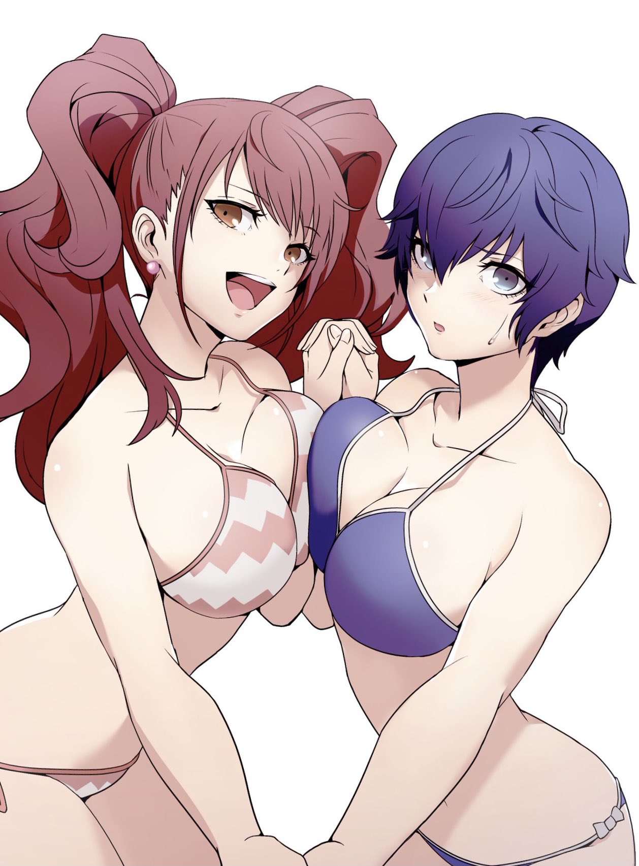 2girls bikini blue_eyes blue_hair breast_press breasts brown_eyes earrings eyebrows_visible_through_hair hair_between_eyes highres holding_hands igusaharu interlocked_fingers jewelry kujikawa_rise large_breasts multiple_girls open_mouth persona persona_4 redhead shiny shiny_skin shirogane_naoto short_hair simple_background swimsuit twintails white_background