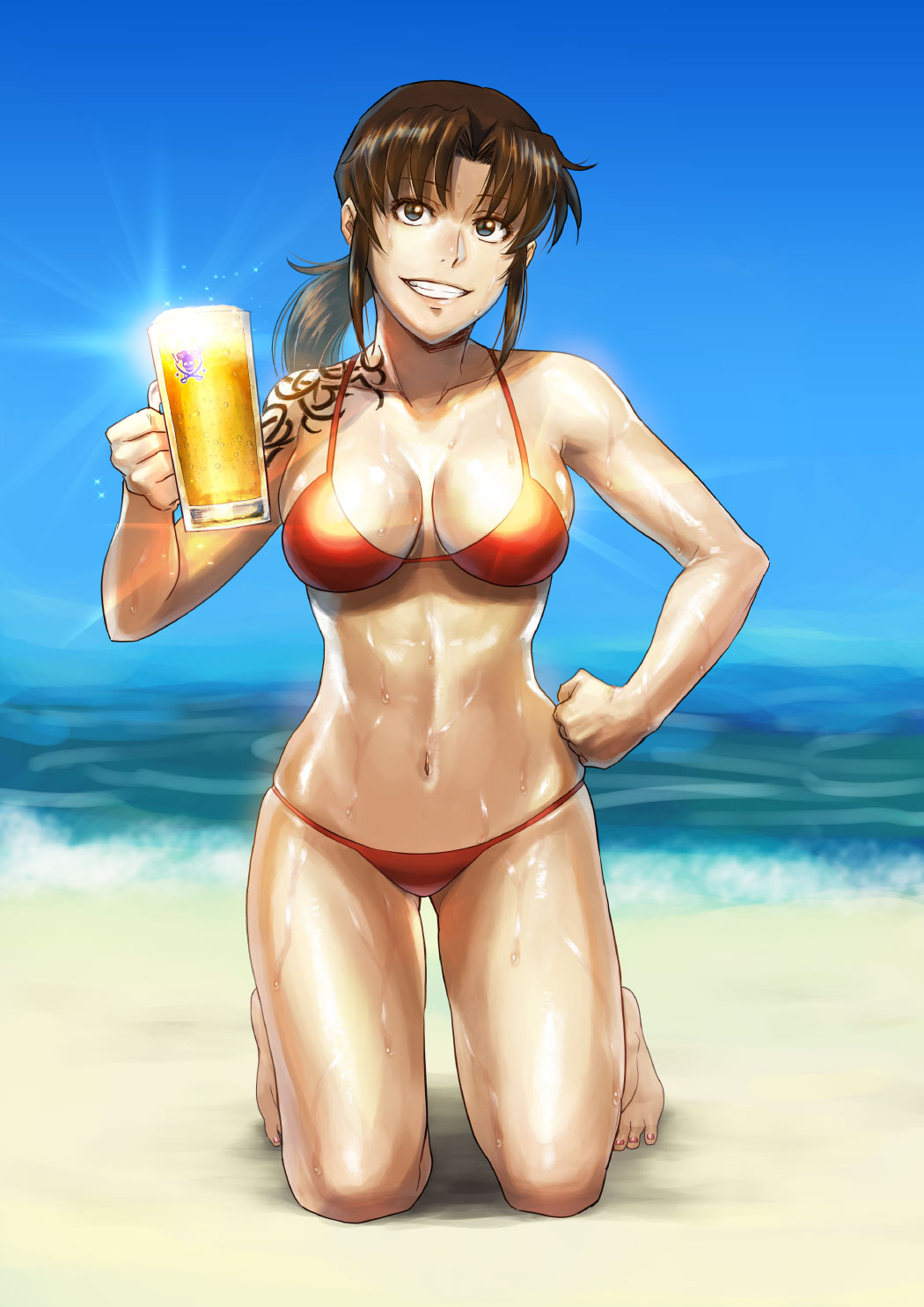 1girl alcohol azasuke beach beer beer_mug bikini black_lagoon blue_eyes blue_sky breasts brown_hair clenched_hand cup drinking_glass female full_body grin hand_on_hip highres holding holding_cup long_hair looking_at_viewer midriff navel ocean outdoors ponytail red_bikini revy_(black_lagoon) sky smile solo sweat swimsuit tattoo
