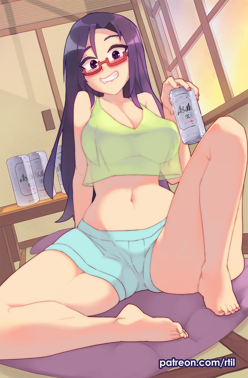 1girl barefoot beer_can blue_shorts blush breasts camisole can commentary demi-chan_wa_kataritai english_commentary fusuma glasses grin highres indoors large_breasts long_hair looking_at_viewer midriff navel purple_hair red-framed_eyewear rtil satou_sakie see-through semi-rimless_eyewear short_shorts shorts sitting sliding_doors smile solo spread_legs tatami thick_thighs thighs under-rim_eyewear violet_eyes window yellow_camisole