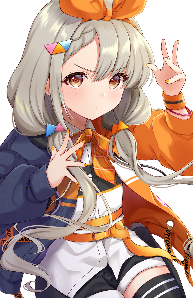 1girl :o arm_up bangs black_jacket black_legwear black_shorts blush braid braided_bangs brown_eyes commentary_request eyebrows_visible_through_hair grey_hair hair_between_eyes hair_ornament hair_over_shoulder hair_ribbon hand_up highres hisakawa_nagi idolmaster idolmaster_cinderella_girls jacket long_hair long_sleeves looking_at_viewer low_twintails nail_polish nazuna_shizuku open_clothes open_jacket orange_jacket orange_nails orange_ribbon parted_lips puffy_long_sleeves puffy_sleeves ribbon shirt short_shorts shorts simple_background sitting sleeves_past_wrists solo sweatband thigh-highs twintails v-shaped_eyebrows very_long_hair wariza white_background white_shirt wristband