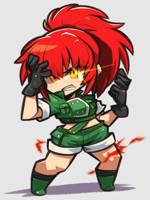 1girl bangs black_gloves chibi crazy_eyes crop_top cropped_jacket dark_persona earrings fang gloves green_jacket green_shorts high_ponytail ibara. jacket jewelry leona_heidern looking_at_viewer midriff military military_uniform orochi_leona ponytail redhead shorts snk soldier solo the_king_of_fighters the_king_of_fighters_'97 triangle_earrings uniform white_background yellow_eyes