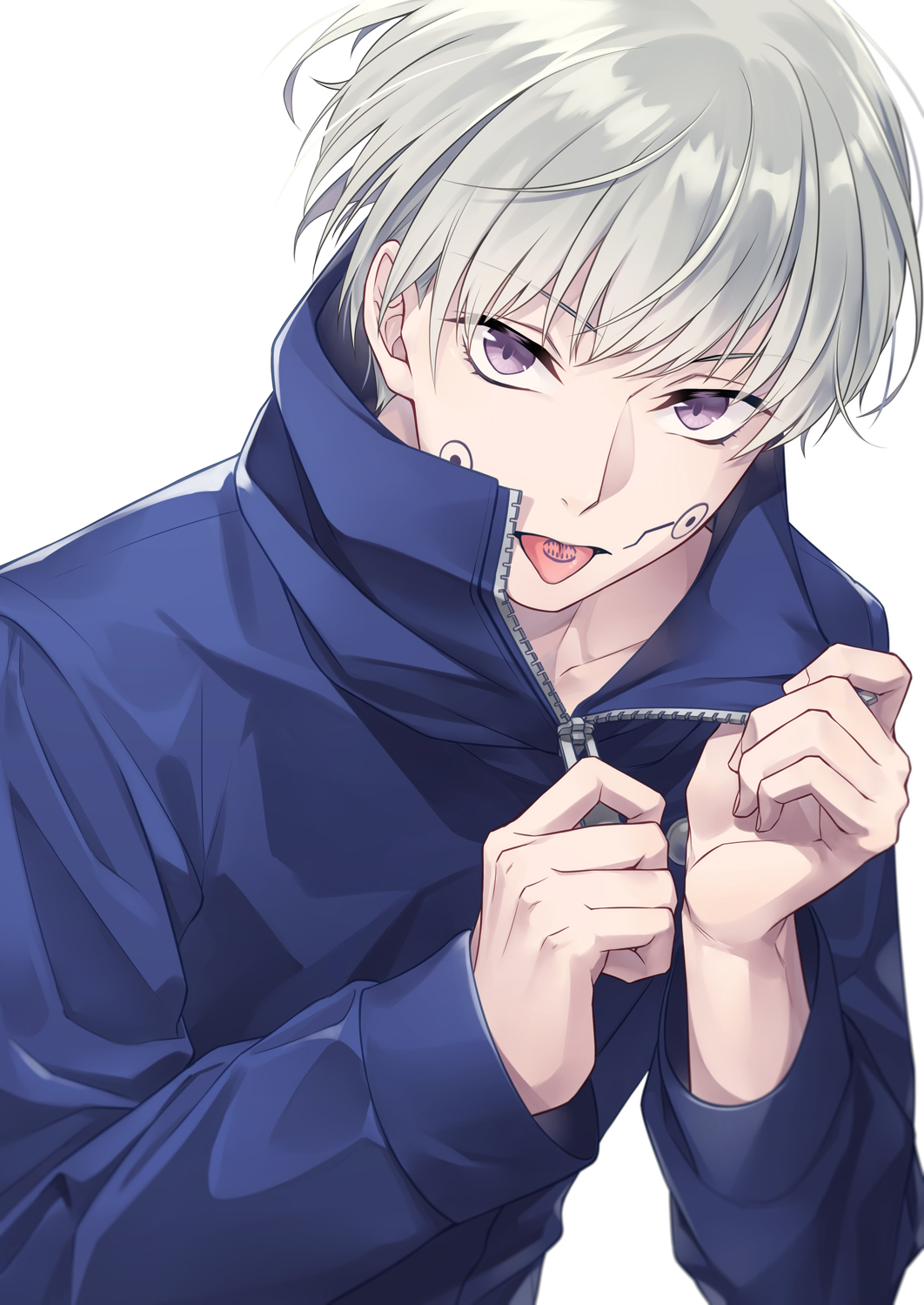 1boy bangs blue_jacket facial_tattoo gakuran hands_up high_collar highres inumaki_toge jacket jujutsu_kaisen long_sleeves looking_at_viewer male_focus school_uniform short_hair silver_hair simple_background solo tattoo tongue tongue_out toujou_masateru unzipping upper_body violet_eyes white_background zipper