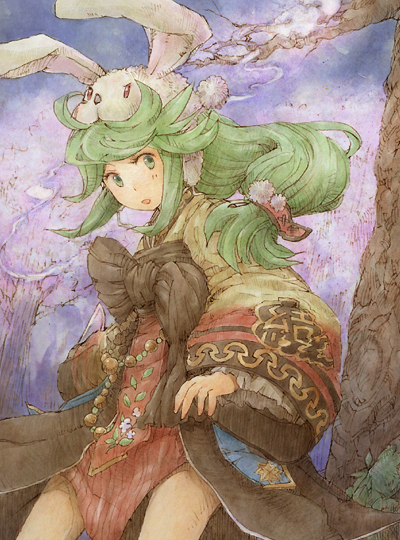 1girl animal_hat bangs brown_dress bunny_hat commentary_request cowboy_shot dress green_eyes green_hair hanbok hat kamo_(megamikan) korean_clothes long_hair long_sleeves looking_to_the_side low-tied_long_hair open_mouth ragnarok_online solo soul_linker_(ragnarok_online) tree wide_sleeves