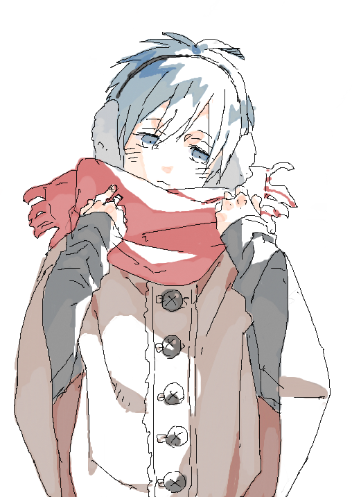 1boy :3 adjusting_scarf backlighting bad_id bad_pixiv_id bangs beige_coat blue_hair buttons closed_mouth coat earmuffs eyebrows_visible_through_hair fringe_trim hair_between_eyes hana_(dqkmb362) hands_up head_tilt kuroko_no_basuke kuroko_tetsuya light_blush light_smile long_sleeves looking_at_viewer male_focus oekaki red_scarf scarf simple_background solo standing straight-on swept_bangs upper_body white_background wide_sleeves winter_clothes