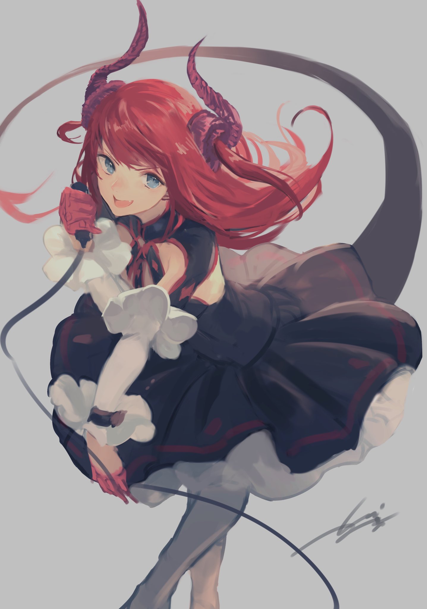 1girl asymmetrical_horns bangs bare_shoulders black_dress blue_eyes blush breasts cable curled_horns dragon_girl dragon_horns dragon_tail dress elizabeth_bathory_(fate) elizabeth_bathory_(fate)_(all) fate/extra fate_(series) hair_ribbon highres horns kouzuki_kei layered_skirt long_hair looking_at_viewer microphone open_mouth pink_hair pointy_ears ribbon skirt small_breasts smile tail thighs two_side_up white_skirt