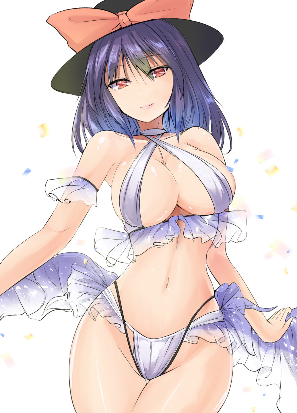 1girl alternate_costume bangs bikini black_headwear blue_hair bow breasts confetti cowboy_shot eyebrows_visible_through_hair eyes_visible_through_hair frilled_bikini frills gradient_hair hat hat_bow highleg highleg_bikini highres hip_focus holding_shawl large_breasts layered_bikini looking_at_viewer medium_hair multicolored_hair nagae_iku one-hour_drawing_challenge purple_hair red_bow shiny shiny_hair shiny_skin smile solo swimsuit thighs touhou white_bikini wind y2