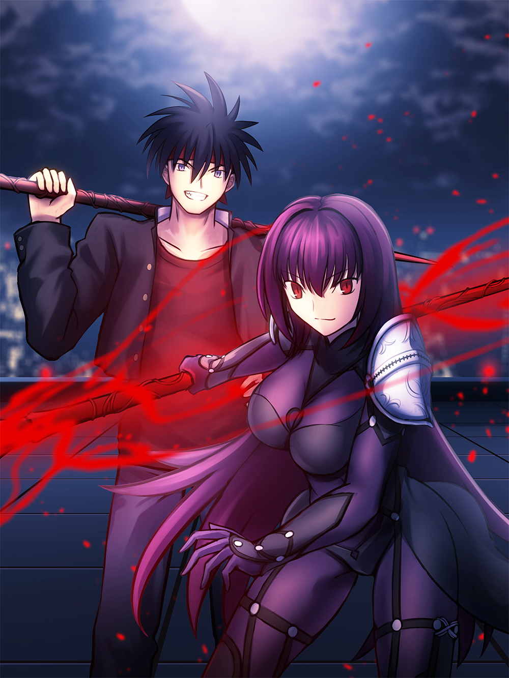 1boy 1girl armor bangs black_hair black_skirt blue_eyes blurry blurry_background bodysuit breasts closed_mouth clouds collarbone cowboy_shot crossover fate/grand_order fate_(series) hair_between_eyes hands_up highres holding holding_spear holding_weapon inohara_masato little_busters!! long_hair long_sleeves looking_at_viewer medium_breasts migiha open_clothes open_shirt pants polearm purple_bodysuit purple_hair purple_pants red_eyes scathach_(fate) scathach_(fate)_(all) short_hair shoulder_armor sidelocks skirt sky smile spear spiky_hair standing very_long_hair weapon