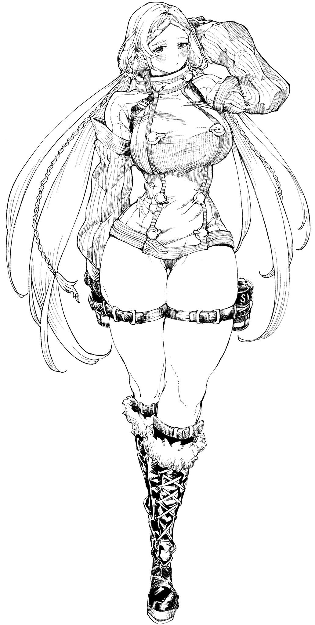 1girl alternate_costume blush boots braid breasts buttons coat double-breasted greyscale highres large_breasts monochrome natevior no_pants panties princess_zelda the_legend_of_zelda thick_thighs thigh_strap thighs twin_braids underwear