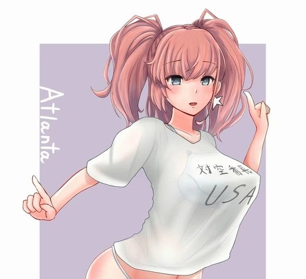 1girl atlanta_(kancolle) breasts brown_hair character_name grey_eyes index_fingers_raised kantai_collection large_breasts long_hair panties r31harutan shirt shitty_t-shirt_naval_base solo t-shirt translation_request two_side_up underwear white_panties white_shirt