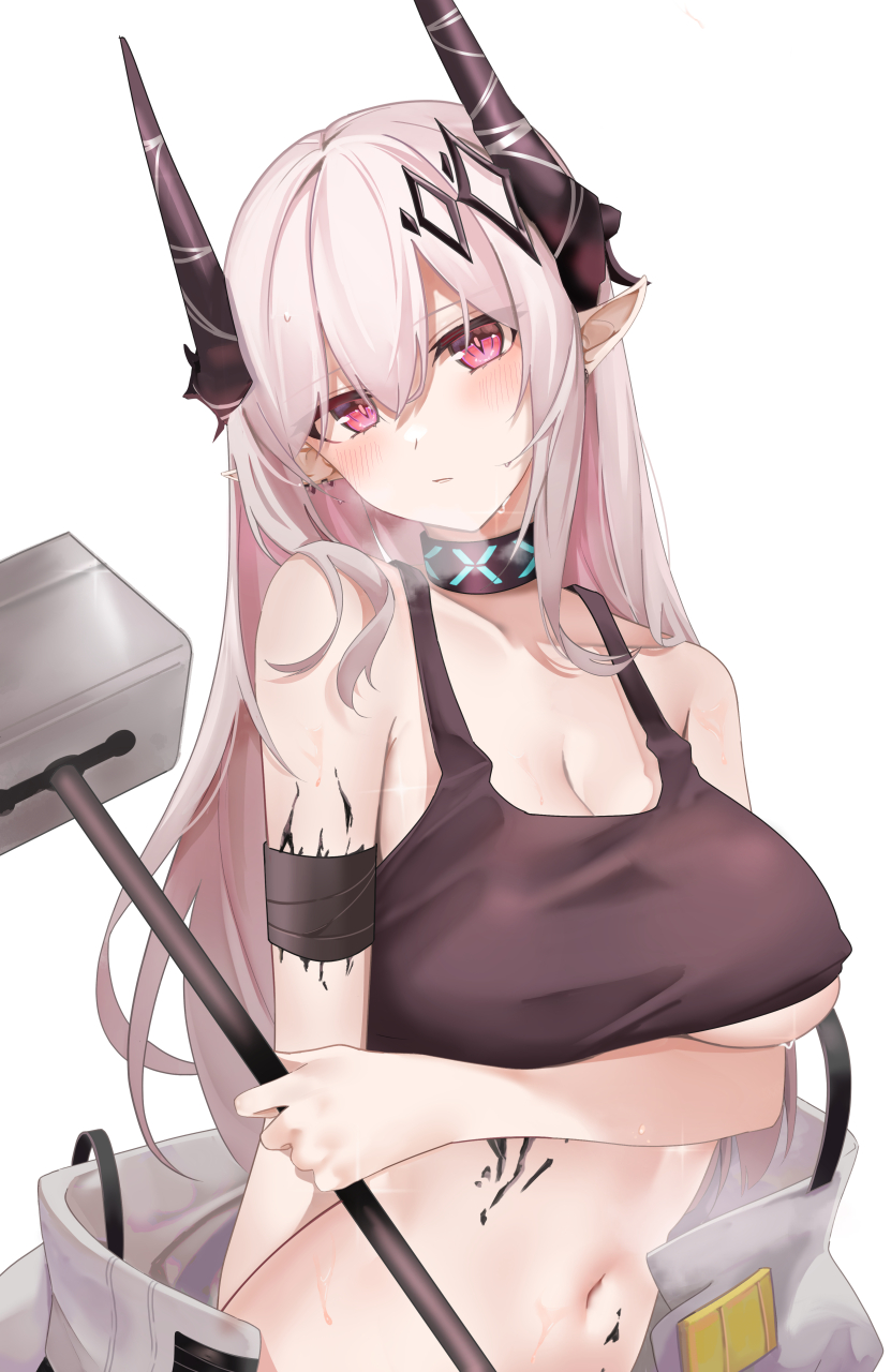 1girl arknights bare_shoulders black_choker black_shirt breast_hold breasts breath choker crop_top hair_ornament hammer head_tilt highres holding holding_hammer horns infection_monitor_(arknights) large_breasts long_hair looking_at_viewer midriff mudrock_(arknights) navel oripathy_lesion_(arknights) pink_eyes pointy_ears ru_zhai shirt simple_background sleeveless sleeveless_shirt solo stomach under_boob upper_body white_background white_hair