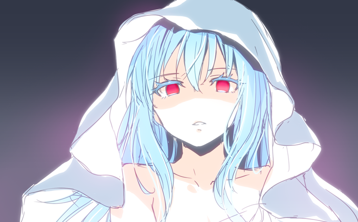 1other bangs blue_hair collarbone empty_eyes eyebrows_visible_through_hair gradient gradient_background hair_between_eyes long_hair looking_at_viewer mizuki_riko portrait red_eyes shaded_face solo tensei_shitara_slime_datta_ken veil