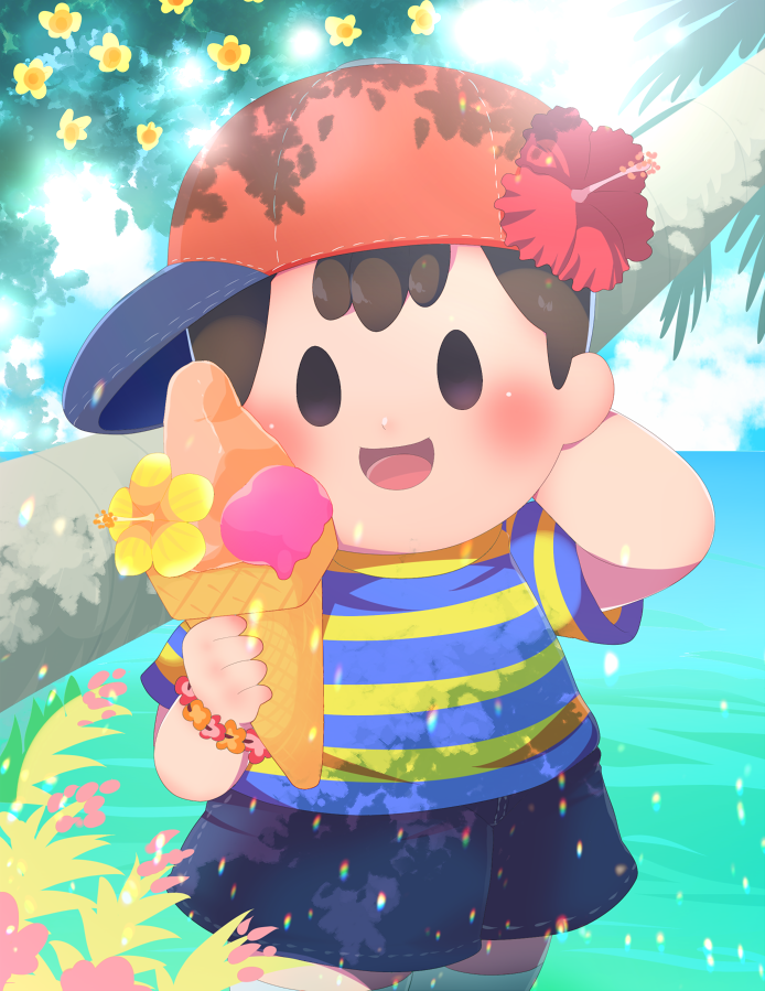 1boy arm_behind_head baseball_cap blush brown_hair child clouds flower flower_bracelet flower_on_head food hat holding holding_food ice_cream ice_cream_cone male_focus mizuki_(sjsj_10) mother_(game) mother_2 ness_(mother_2) ocean open_mouth palm_tree red_headwear shirt shorts sky smile striped striped_shirt t-shirt tree