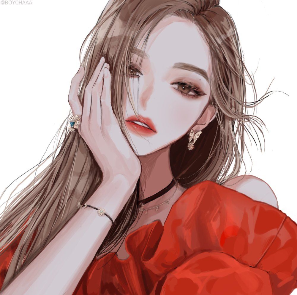 1girl black_choker blackpink blouse boychaaa bracelet brown_eyes brown_eyeshadow brown_hair butterfly_earrings choker earrings eyebrows eyelashes gold_earrings hair_blowing hand_on_own_cheek hand_on_own_face head_tilt jennie_(blackpink) jewelry k-pop long_hair manhwa off-shoulder_shirt off_shoulder pale_skin portrait real_life red_blouse red_lips red_shirt ring shirt solo