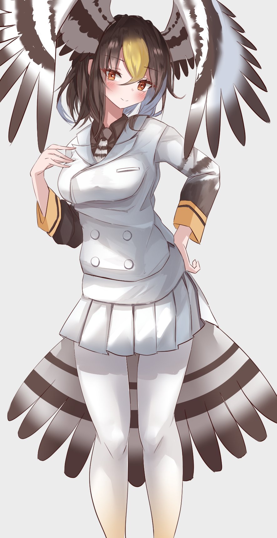 1girl bird_girl bird_tail bird_wings blonde_hair blush brown_eyes brown_hair brown_shirt buchibussei collared_shirt eyebrows_visible_through_hair gradient gradient_legwear hair_between_eyes head_wings highres jacket kemono_friends long_sleeves multicolored_hair necktie northern_goshawk_(kemono_friends) pantyhose pleated_skirt shirt short_hair skirt smile solo two-tone_legwear white_hair white_jacket white_legwear white_skirt wings yellow_legwear