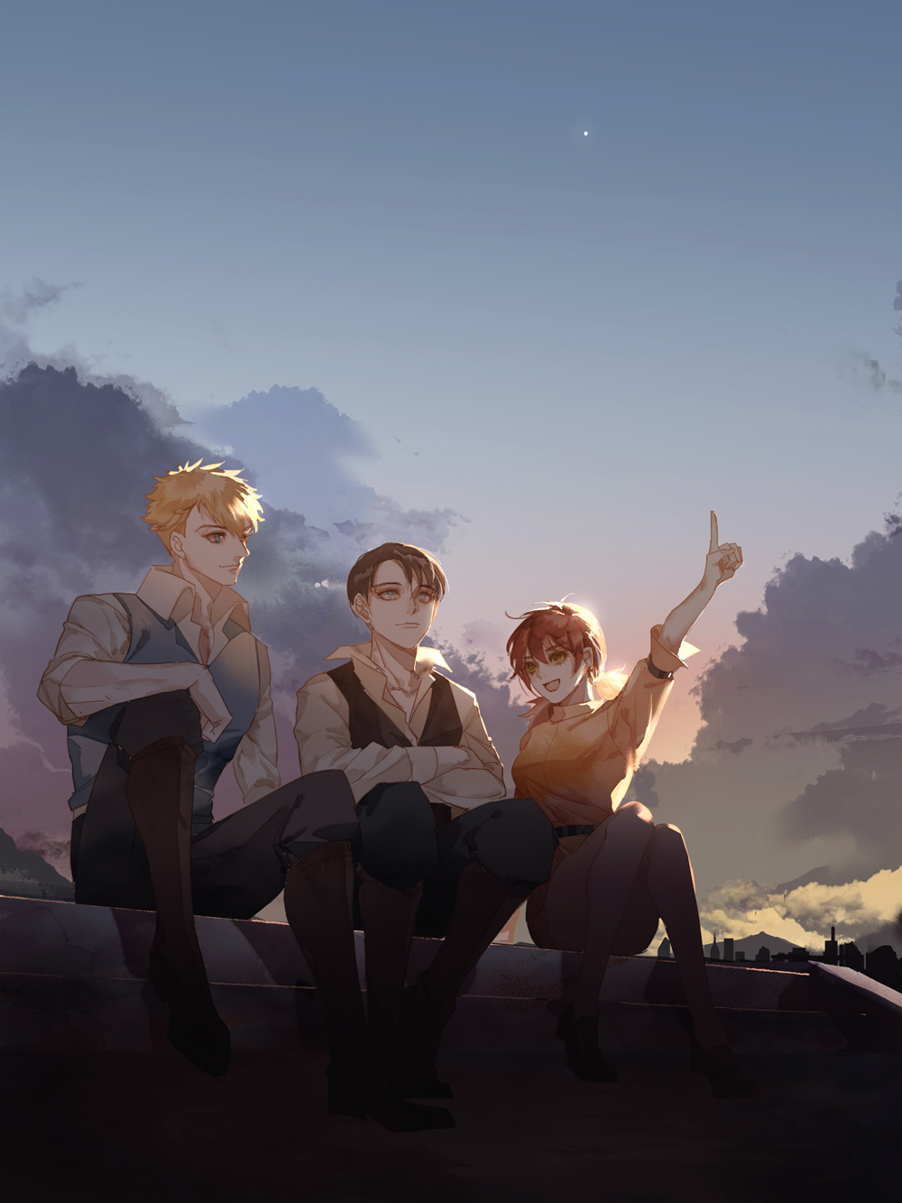 1girl 2boys :d black_hair blonde_hair ckk57679405 closed_mouth clouds crossed_arms farlan_church friends highres isabel_magnolia levi_(shingeki_no_kyojin) multiple_boys open_mouth outdoors pants pointing pointing_up redhead shingeki_no_kyojin shirt sitting sky smile twintails vest
