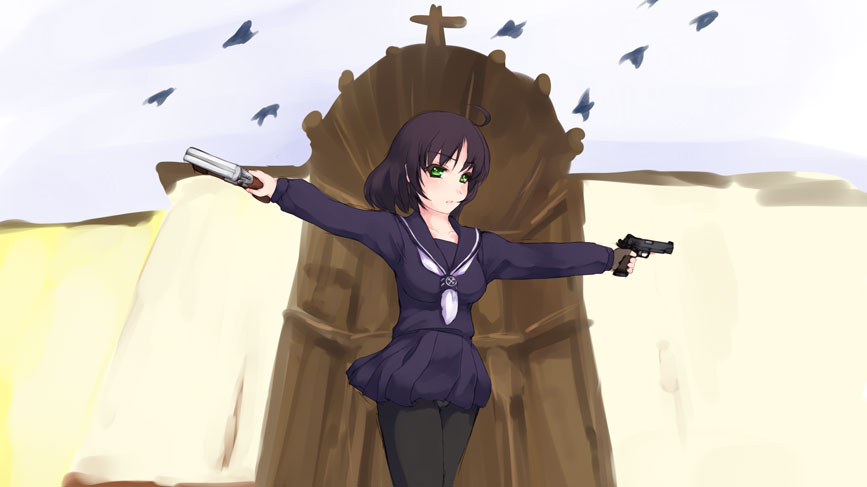 bird black_hair blue_dress church dress dual_wielding green_eyes grey_sky gun holding holding_gun holding_weapon mexican_standoff mexico nekohige once_upon_a_time_in_mexico original outstretched_arms pantyhose parody pigeon sailor sailor_collar sailor_dress san_miguel_de_allende school_uniform serafuku spread_arms weapon