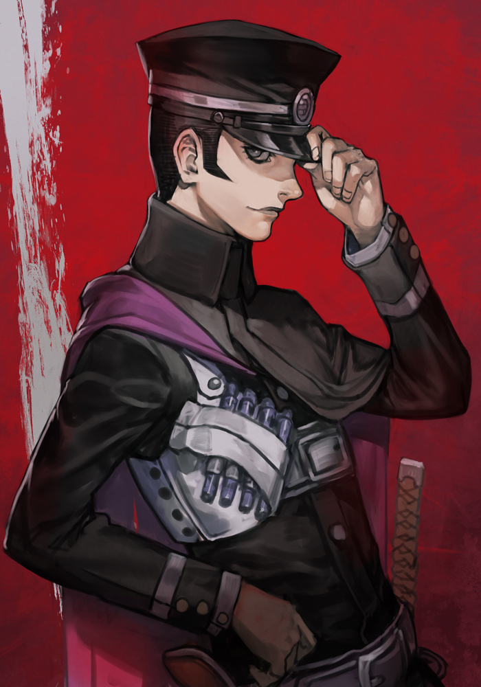 1boy belt black_hair cape devil_summoner from_side gakuran hand_on_hip hankuri hat hilt holding holding_clothes holding_hat hankuri kuzunoha_raidou light_smile looking_at_viewer peaked_cap red_background school_uniform shin_megami_tensei sideburns solo upper_body