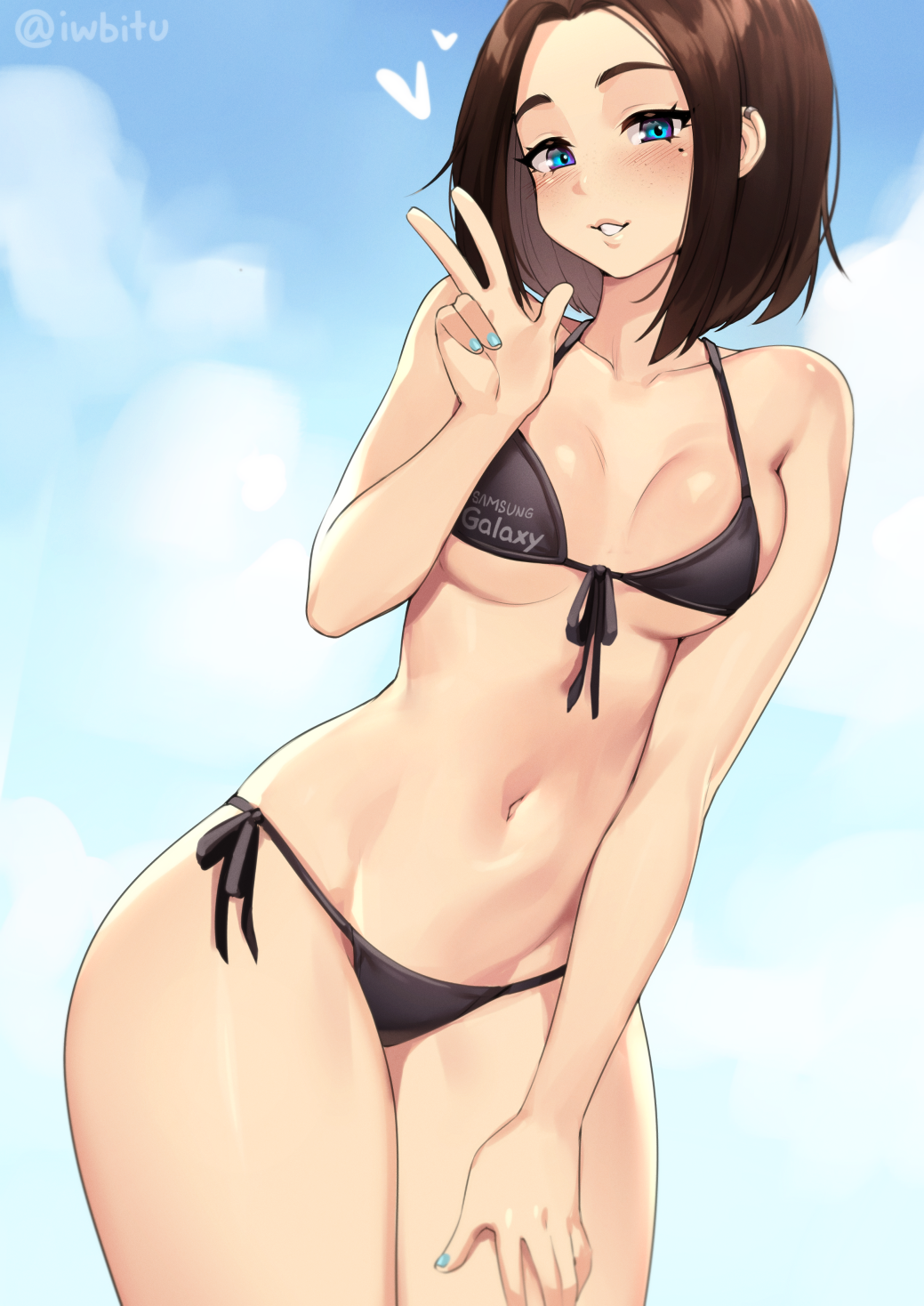 1girl bare_arms bare_shoulders bikini black_bikini blue_eyes blue_nails blush breasts brown_hair clothes_writing collarbone commentary freckles front-tie_bikini front-tie_top groin halterneck hand_on_own_thigh heart highres iwbitu-sa looking_at_viewer medium_breasts mole mole_under_eye nail_polish navel parted_lips samsung samsung_sam short_hair side-tie_bikini smile solo string_bikini swimsuit thighs twitter_username w