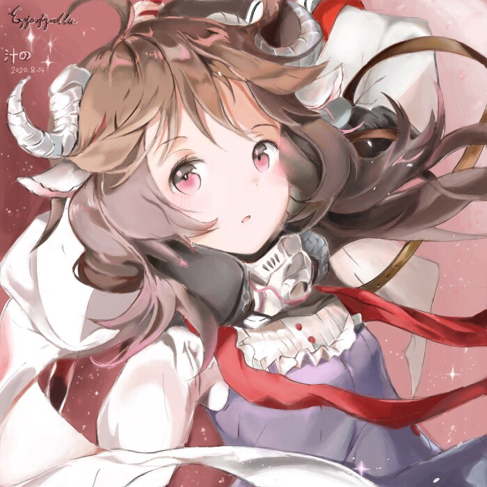 1girl animal_ears arknights artist_name brown_hair character_name dated dress elite_ii_(arknights) eyjafjalla_(arknights) floating_hair horns long_hair looking_at_viewer mask mask_around_neck open_mouth pink_eyes purple_dress red_background sheep_ears sheep_girl sheep_horns shiru_no solo sparkle upper_body white_sleeves