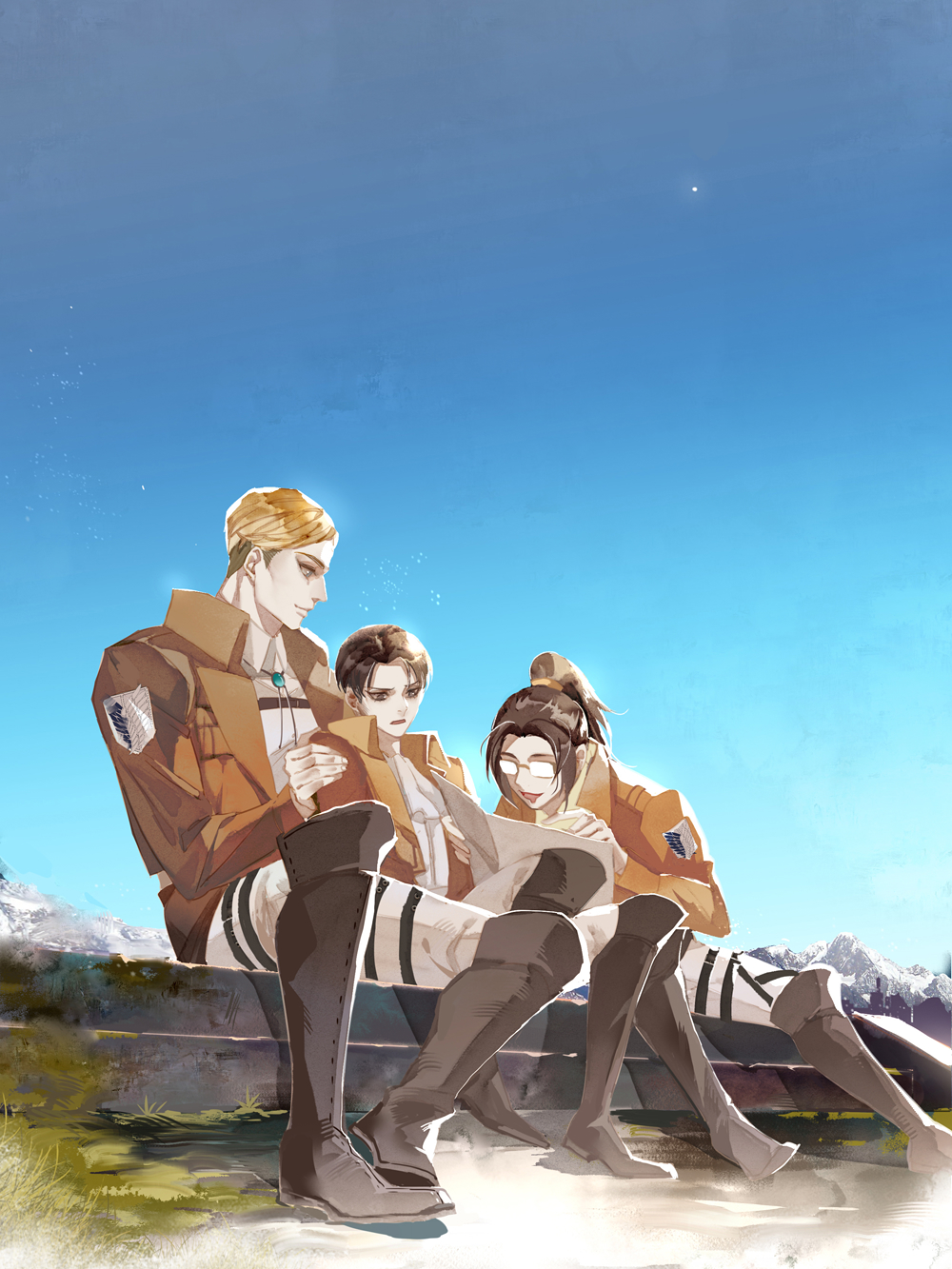 1girl 2boys black_hair blonde_hair blue_sky boots brown_hair ckk57679405 closed_mouth erwin_smith glasses hange_zoe highres jacket levi_(shingeki_no_kyojin) military military_uniform multiple_boys opaque_glasses outdoors pants paradis_military_uniform shingeki_no_kyojin sitting sky smile twintails uniform