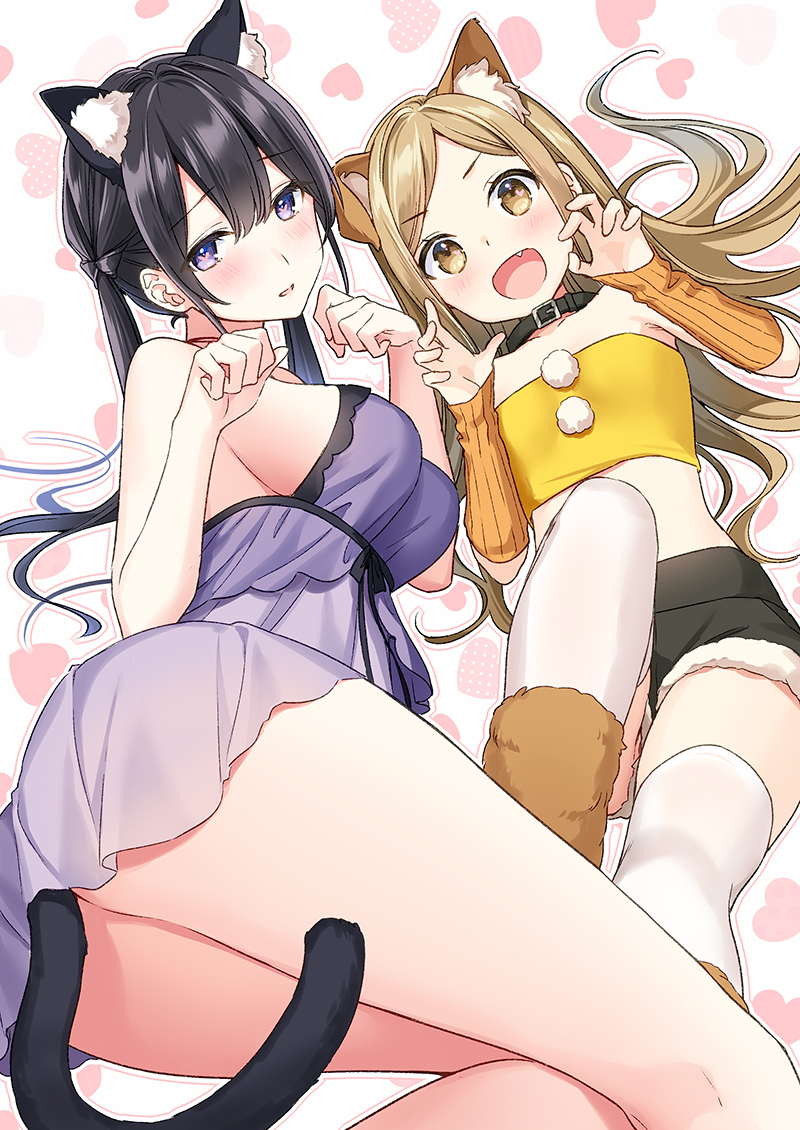 2girls :d animal_ear_fluff animal_ears arm_warmers bandeau bare_arms bare_shoulders black_hair black_shorts breasts brown_eyes brown_hair cat_ears cat_girl cat_tail check_copyright chemise claw_pose collar copyright_request fang heart heart-shaped_pupils large_breasts long_hair looking_at_viewer masuishi_kinoto midriff multiple_girls nightgown open_mouth original parted_lips short_shorts shorts smile strapless symbol-shaped_pupils tail thigh-highs thighs tubetop twintails violet_eyes white_legwear