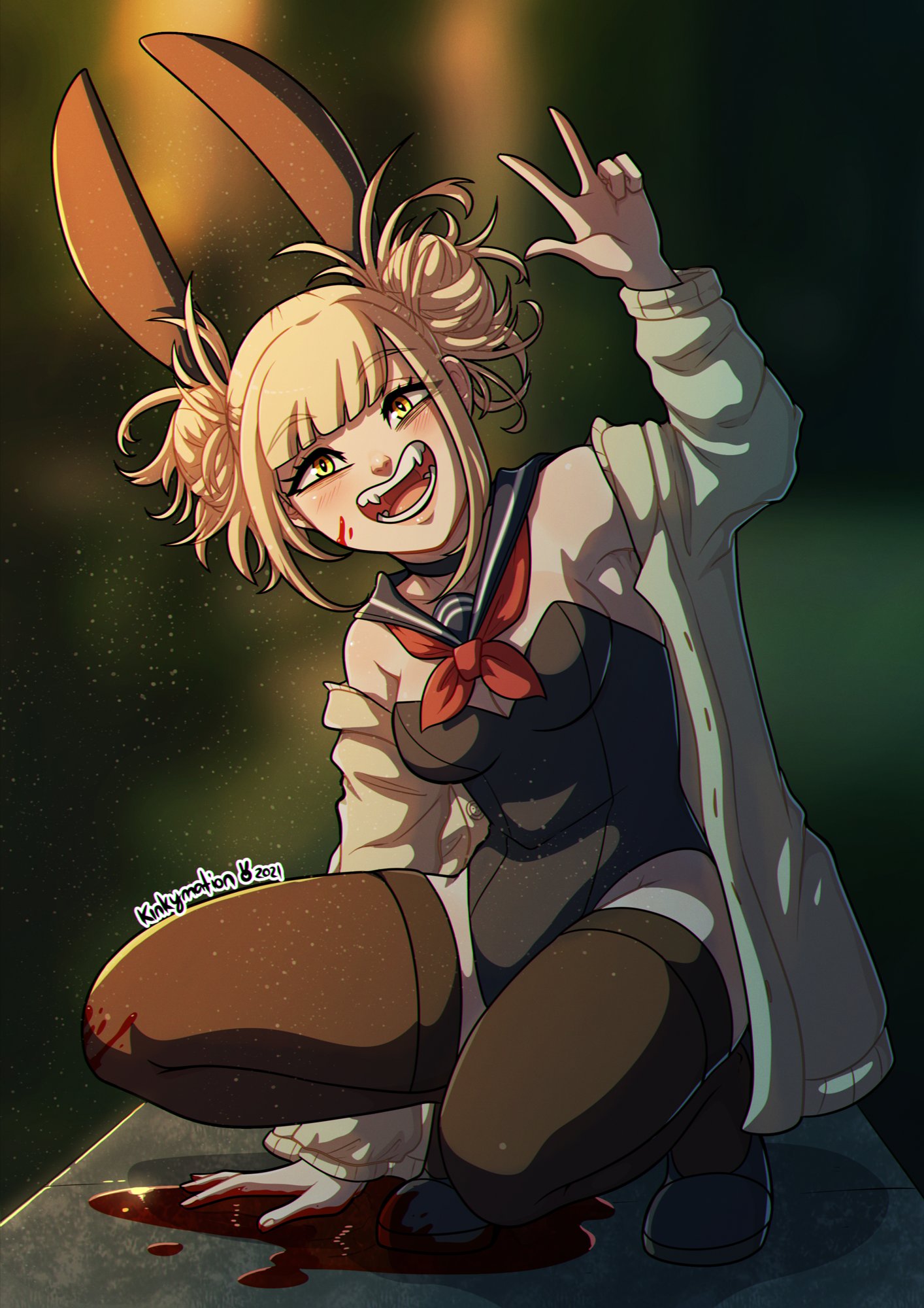 1girl :d alternate_costume animal_ears artist_name bangs bare_shoulders black_leotard blonde_hair blood blunt_bangs blurry blurry_background boku_no_hero_academia breasts brown_jacket brown_legwear detached_collar double_bun eyebrows_visible_through_hair fangs full_body highres jacket kinkymation leotard looking_at_viewer medium_breasts messy_hair open_mouth rabbit_ears sailor_collar school_uniform shoes smile solo teeth thigh-highs toga_himiko w yellow_eyes