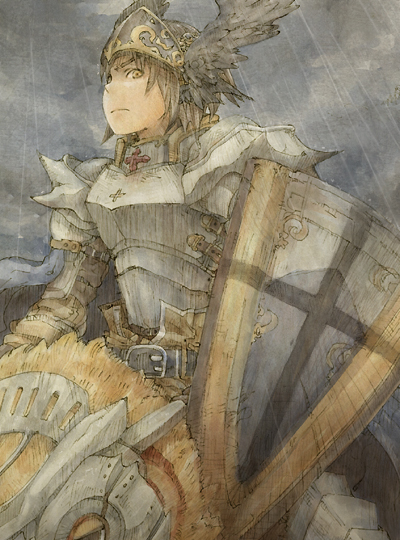 1boy animal armor bangs barding belt bird black_belt black_wings blue_cape breastplate brown_eyes brown_hair cape closed_mouth commentary_request cowboy_shot cross feathered_wings gauntlets head_wings holding holding_shield kamo_(megamikan) leg_armor looking_at_viewer oversized_animal paladin_(ragnarok_online) pauldrons peco_peco ragnarok_online rain riding riding_bird shield short_hair shoulder_armor visor_(armor) wings