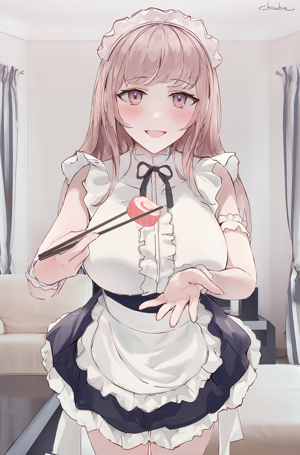 1girl apron artist_name bangs blush breasts chopsticks chowbie commentary_request couch curtains eyebrows_visible_through_hair food highres large_breasts long_hair looking_at_viewer maid maid_apron maid_headdress original pink_hair sidelocks sushi thighs