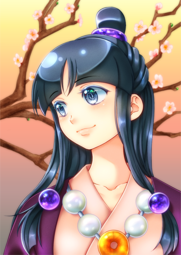 1girl ayasato_mayoi black_hair blue_eyes closed_mouth gyakuten_saiban hair_ornament half_updo japanese_clothes jewelry katagakoru kimono long_hair magatama necklace smile solo