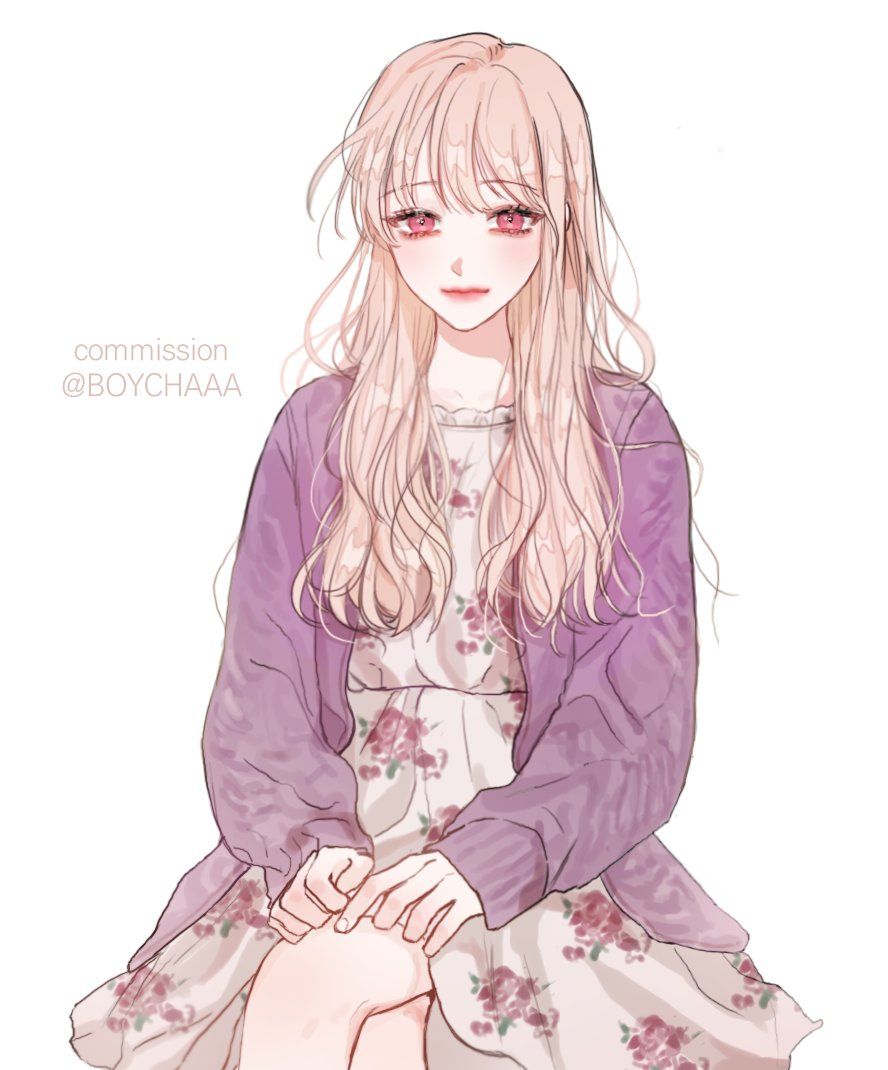 1girl blonde_hair boychaaa cardigan casual commission crossed_legs dress fashion floral_dress floral_print hands_on_lap long_hair manhwa original pink_hair portrait purple_cardigan red_eyes solo sundress sweater white_background white_dress