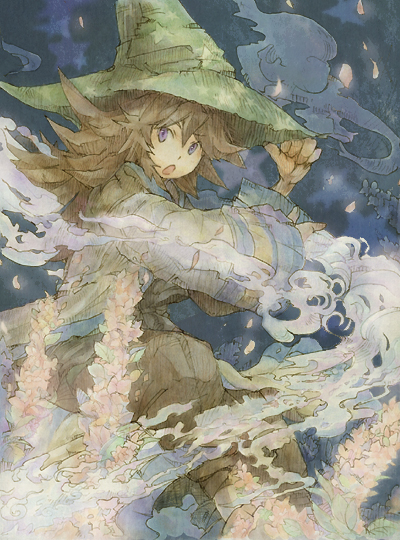 1boy bangs brown_hair brown_pants clouds commentary_request eyebrows_visible_through_hair feet_out_of_frame flower green_headwear hat kamo_(megamikan) long_hair looking_at_viewer male_focus open_mouth pants pink_flower ragnarok_online solo soul_linker_(ragnarok_online) violet_eyes wizard_hat