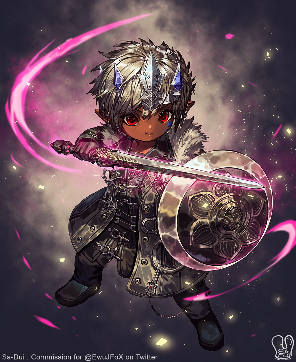 1boy commission dark-skinned_male dark_skin facial_tattoo fighting_stance final_fantasy final_fantasy_xiv full_body fur_collar glowing glowing_sword glowing_weapon highres lalafell looking_at_viewer paladin_(final_fantasy) pointy_ears red_eyes sa-dui shield smile solo sword tattoo tiara weapon