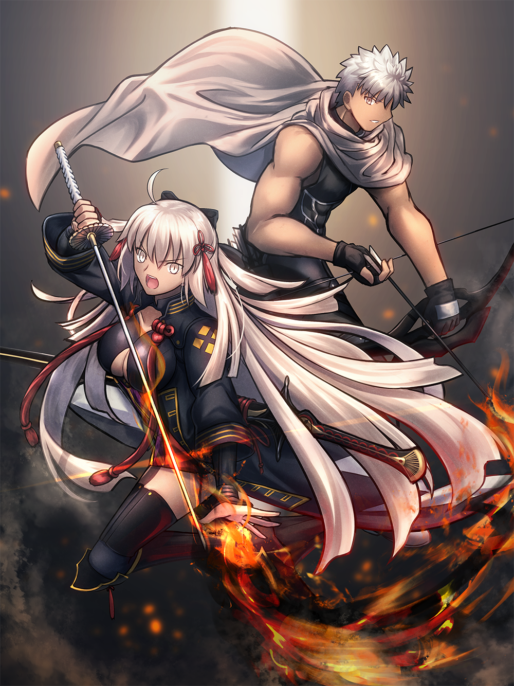 1boy 1girl ahoge archer_(fate) arrow_(projectile) bangs black_coat black_legwear black_shirt bow bow_(weapon) breasts coat eyebrows_visible_through_hair fate/grand_order fate_(series) fingerless_gloves fire flower_knot full_body gloves grey_eyes grey_scarf hair_between_eyes hair_bow hand_up highres holding holding_bow_(weapon) holding_sword holding_weapon knee_pads long_hair long_sleeves long_sword looking_at_viewer looking_to_the_side medium_breasts messy_hair migiha okita_souji_(alter)_(fate) okita_souji_(fate)_(all) open_mouth scarf shirt short_hair sidelocks sleeveless spiky_hair sword tassel thigh-highs thighs tongue upper_teeth very_long_hair weapon white_hair wide_sleeves