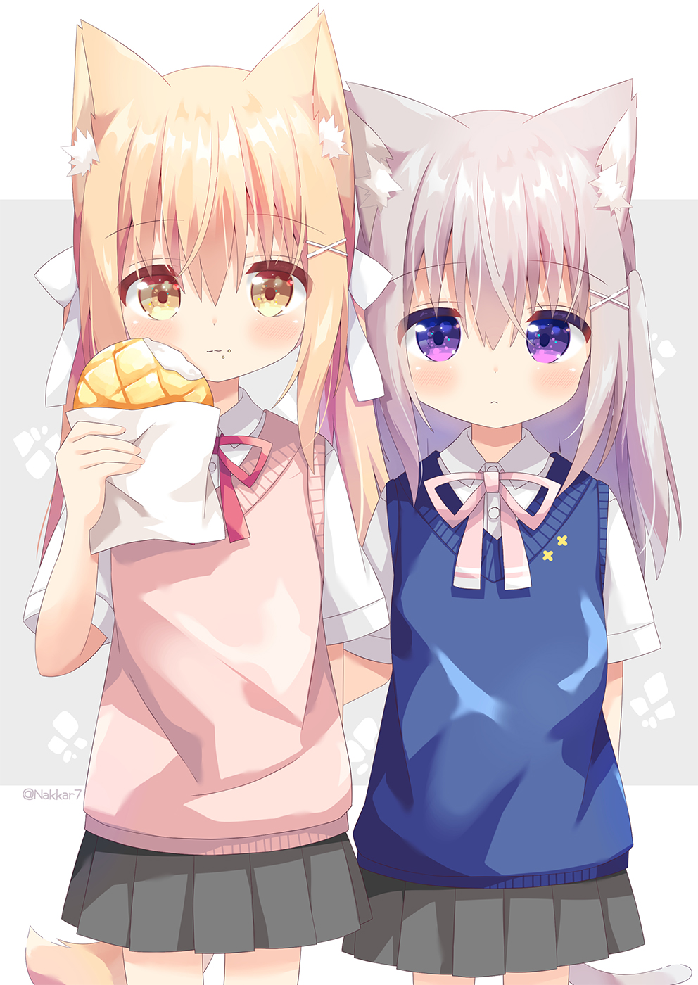 2girls animal_ear_fluff animal_ears arm_behind_back black_skirt blonde_hair blush bread brown_eyes cat_ears cat_tail closed_mouth collared_shirt commentary_request dress_shirt eating food grey_background grey_hair hair_ornament hairclip hand_up highres holding holding_food long_hair looking_at_viewer low_twintails miike-chan multiple_girls nakkar neck_ribbon original pink_ribbon pleated_skirt red_ribbon ribbon shirt short_sleeves sidelocks skirt sweater_vest tail twintails two-tone_background two_side_up violet_eyes white_background white_shirt x_hair_ornament