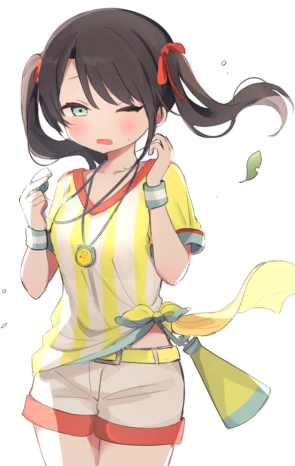 1girl collarbone green_eyes hair_ribbon highres hololive long_hair looking_at_viewer neku01n one_eye_closed oozora_subaru red_ribbon ribbon shirt short_sleeves shorts simple_background solo striped striped_shirt twintails vertical-striped_shirt vertical_stripes virtual_youtuber whistle whistle_around_neck white_background white_shorts