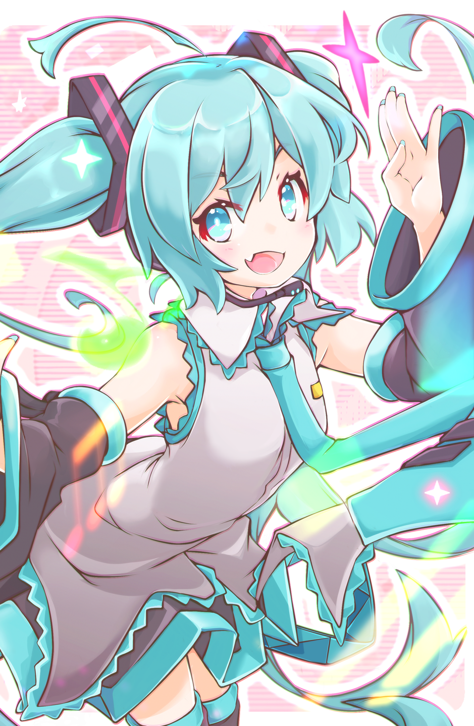 1girl akino_coto aqua_eyes aqua_hair aqua_nails aqua_neckwear bangs blush commentary detached_sleeves fang hand_up hatsune_miku highres leaning_forward long_hair looking_at_viewer necktie open_mouth skin_fang skirt smile solo symbol_commentary thigh-highs twintails very_long_hair vocaloid waving